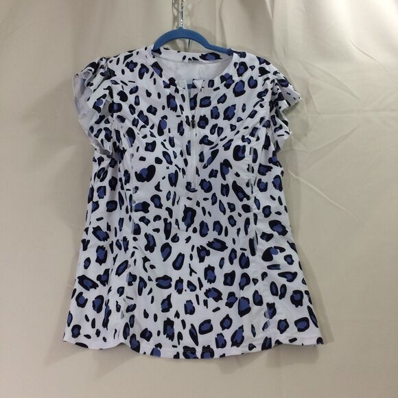 NEW Soneven Womens Swim Shirt Zip Front Ruffle Sleeve Blue Leopard Print 2XL NWT - Picture 3 of 8